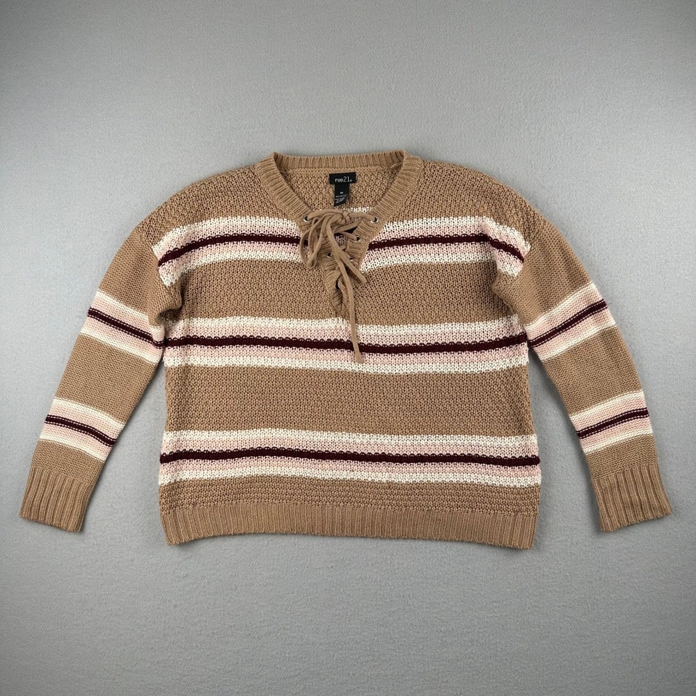 rue21 Sweater Womens XS Brown Striped Lace Up V-Neck Long Sleeve Knit Pullover